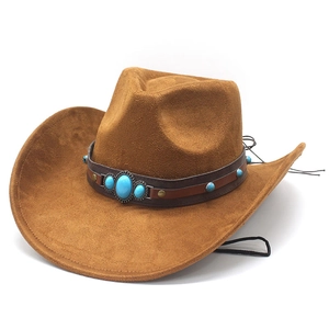 Detail of brown suede cowboy hat with turquoise gemstone leather band and chin cord