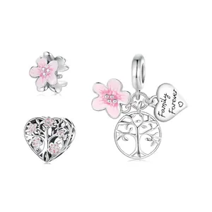 Tree Of Life Charms 925 Sterling Silver Pink Enamel Cherry Blossom Heart Beads For DIY Bracelet Jewelry Making