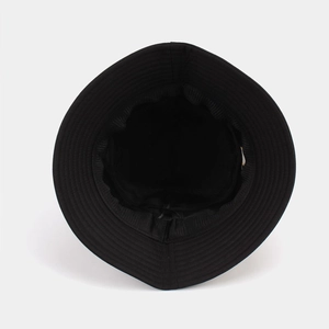 Internal structure and stitching details of a black bucket hat with white background
