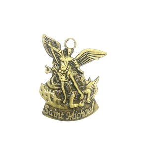Detailed Saint Michael metal pendant keychain in vintage bronze finish on white background