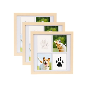 Three-piece square wooden pet paw print memorial frames with four-compartment photo display