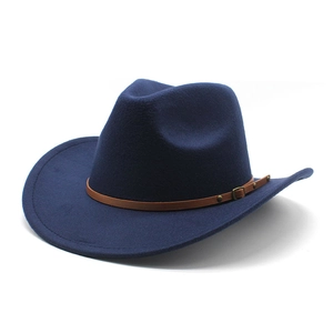 Classic dark blue western cowboy felt hat with brown leather buckle band for men and women