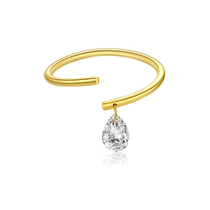 925 silver adjustable open ring in gold finish with a sparkling pear-shaped zircon drop