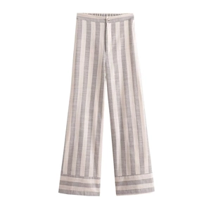 Pantalon large rayé gris en lin mélangé pour femme avec taille haute élégante