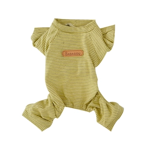 Detail of green striped dog jumpsuit featuring round neck and ribbed cuffs