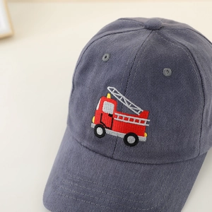 Kids grey blue baseball cap featuring a detailed red fire truck embroidery for boys and girls