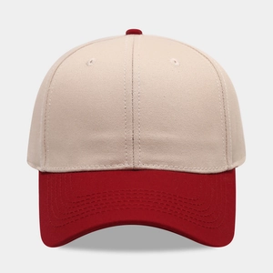 Classic two-tone cotton baseball cap with beige crown and deep red brim for casual wear