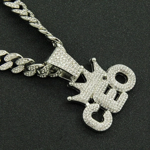 Silver iced-out CEO letter pendant with crown on Cuban chain for hip-hop style