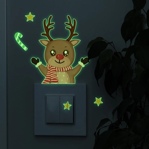 Glow-in-the-dark Christmas reindeer wall sticker with stars and candy cane for light switch