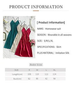 Detailed size guide table for long imitation silk slip robes and elegant sleepwear