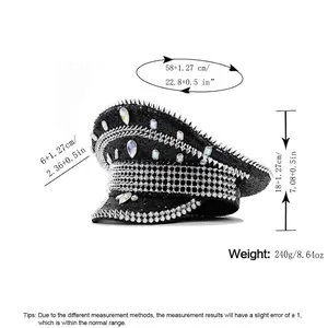 Black punk military hat with silver rivets and iridescent rhinestones with size chart