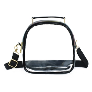 Transparent PVC crossbody bag with black trim and gold hardware in a minimalist style