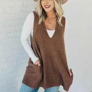 Women V Neck Knit Vest Sweater Sleeveless Loose Solid Color With Pockets Casual Autumn Winter Layering Outwear