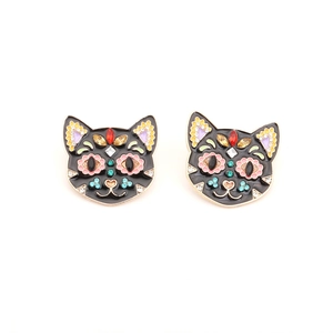 Exaggerated black cat earrings with colorful enamel and sparkling rhinestones for women
