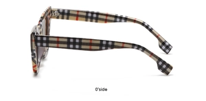 Side view of trendy cat-eye sunglasses with iconic beige red and black plaid pattern