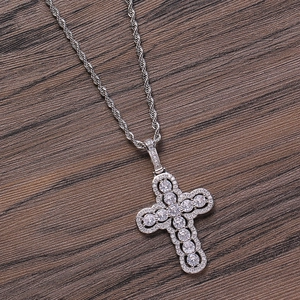 Silver cross pendant necklace with cubic zirconia on a rope chain for hip hop style
