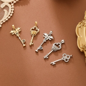 Micro Pave Zircon Key Pendant Copper Angel Wings Rose Heart Shape Jewelry Charms For Women Girls Elegant Dainty