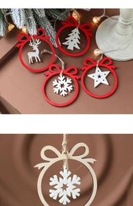 Detailed close-up of wooden Christmas ornaments featuring snowflake and reindeer designs
