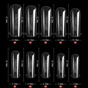 Size chart for 100pcs dual nail forms showing precise length and width measurements