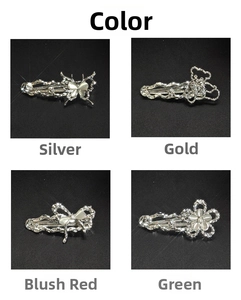 Detailed grid showing silver and gold alloy butterfly hair clips with opal stones on black back