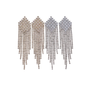 Elegant long rhinestone tassel earrings with geometric diamond-shaped tops in gold and silver