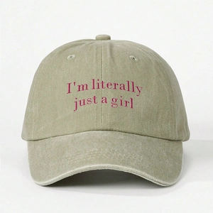 Khaki washed cotton baseball cap with pink I'm literally just a girl embroidery