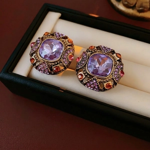Vintage Alloy Rhinestone Earrings With Silver Earring Post Court Style Colorful Geometric Palace Design Women Jewelry