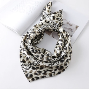 Elegant leopard print neck scarf in beige and brown silk satin, stylish accessory for women