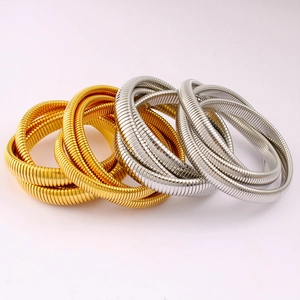 Three-layer wrap stretch snake chain bracelet in gold and silver stainless steel finish
