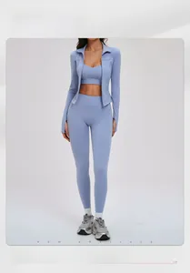 Ensemble de yoga 3 pièces comprenant une veste à col montant et un legging taille haute