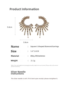 Detailed view of gold C-shaped earrings with square rhinestones and 5.8x3.8cm dimensions