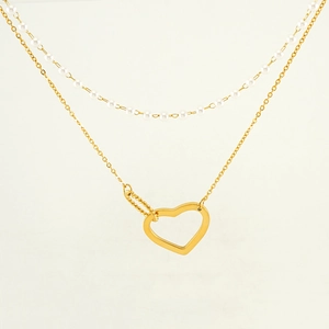 French style double-layer gold necklace with heart pendant and white pearls on white background