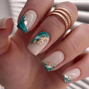 Press On Nails Square Green Marble Gold Foil Design Nude Full Cover Artificial Reusable Manicure Tool For Women