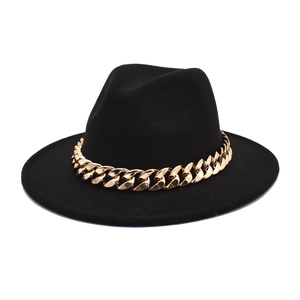 Flat brim black wool fedora featuring a bold polished light gold chain link decoration