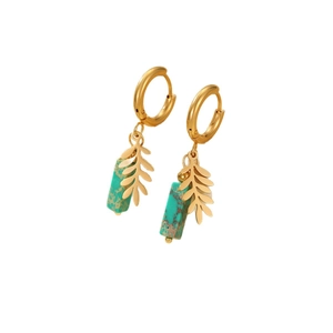 Gold stainless steel earrings with emerald green natural stone and leaf-shaped pendants