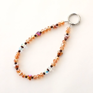 Amber crystal beaded phone charm with butterfly beads and silver metal carabiner hook