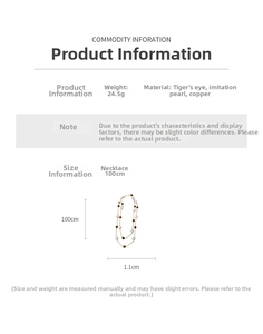 Detail specifications for vintage tiger eye and pearl long necklace showing 100cm length
