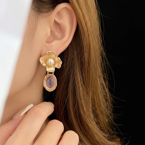 Vintage French floral stud earrings with white pearl and pale pink gemstone drop