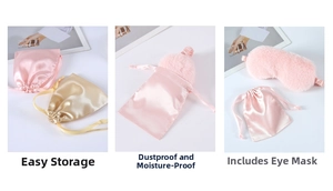 Pink plush eye mask with satin drawstring storage bags for travel and gift set