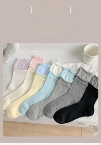 Detail of color display for cotton knit crew socks with ruffled edges and ribbed texture