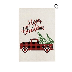 Linen Christmas garden flag with vintage red plaid truck and Merry Christmas text