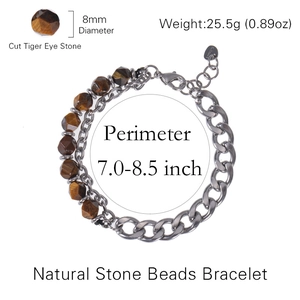 Men's double-layered bracelet with 8mm tiger eye stone beads and stainless steel curb chain