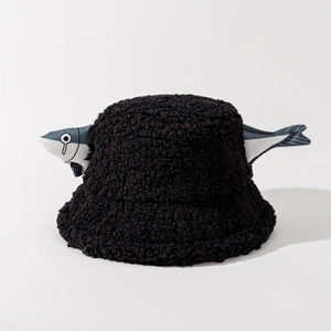 Detail shot of black faux shearling bucket hat with 3D striped fish plush decoration