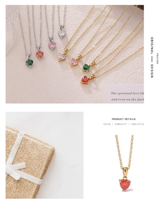 Close-up of elegant heart-shaped zircon pendant necklaces in various colors on a gift box