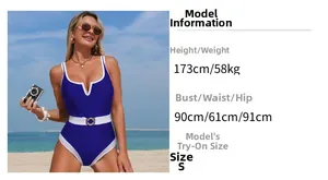 Detail view of royal blue one-piece swimsuit with white belt and contrast trim details