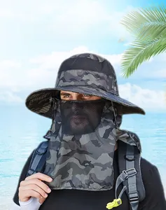 Detail of camouflage outdoor fishing hat with protective neck flap and breathable mesh mask