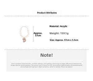 Detail view of a white acrylic beaded necklace featuring a shell pendant with dimensions