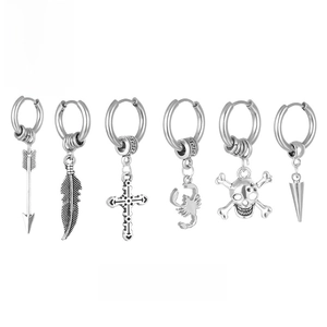 Detailed set of six stainless steel punk earrings with arrow feather and skull charms