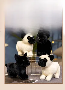 Group of cute standing bulldog plush toys on a decorative metal shelf with greenery
