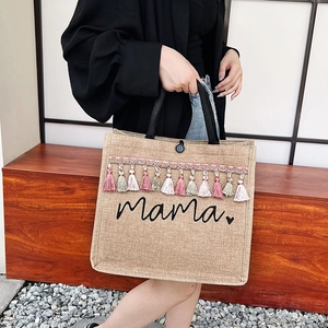 Large cotton linen tote bag for women with Mama print and colorful tassel trim details